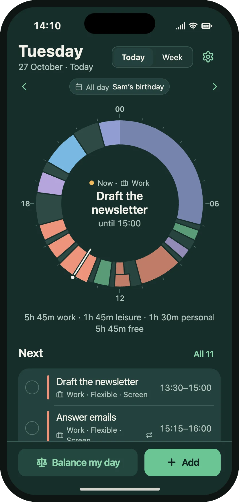 Today in dark appearance: the 24-hour wheel with Draft the newsletter in progress until 15:00