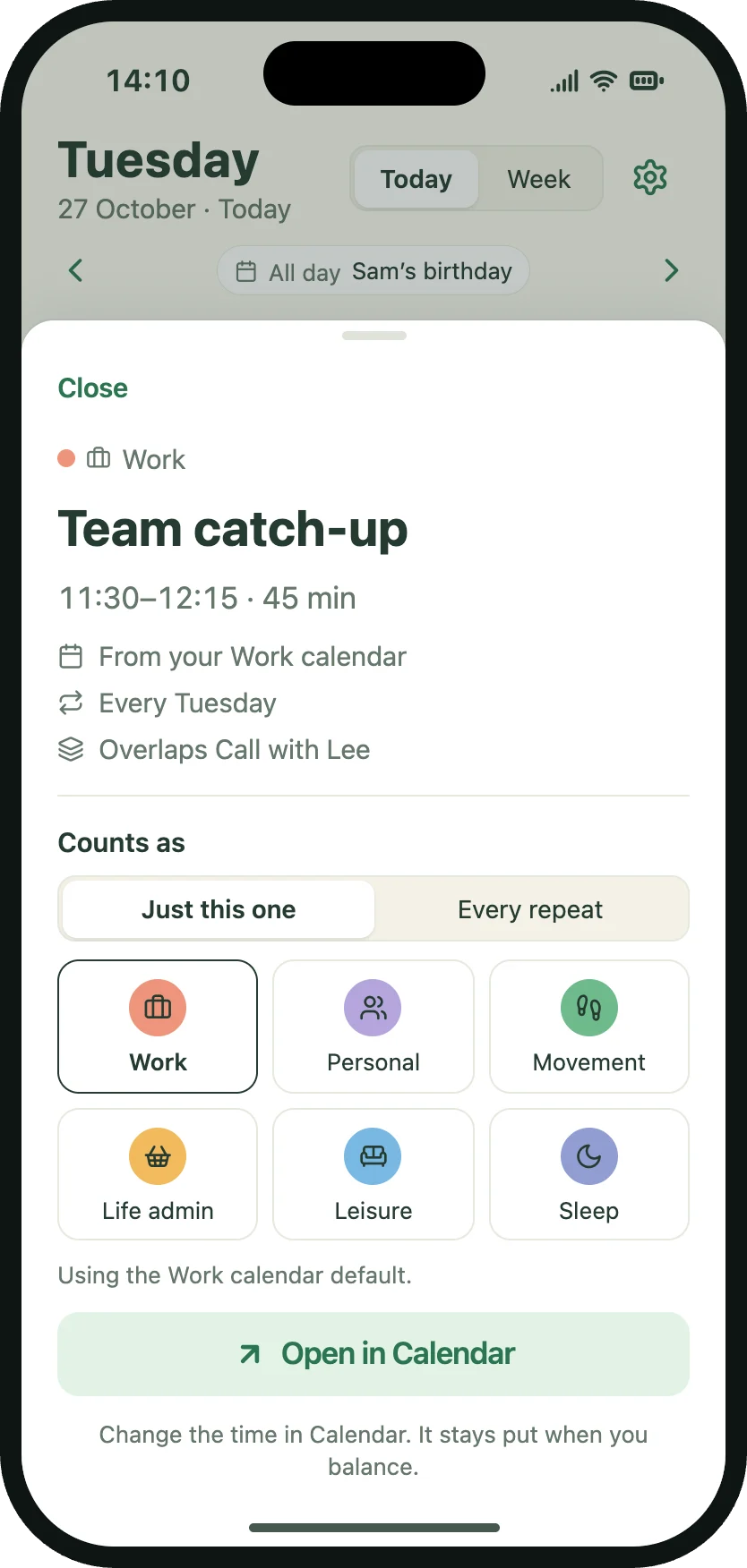 A calendar event on Today, shown read-only with its source calendar